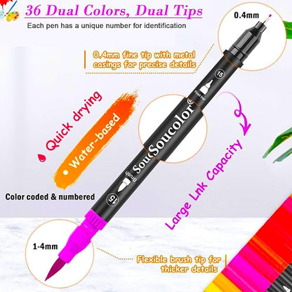 Soucolor Art Brush Markers Pens for Adult Coloring Books, 36 Colors Numbered Dual Tip (Brush and Fine Point) Marker Pen for Kids Note taking Planner Hand Lettering Calligraphy Drawing Journaling