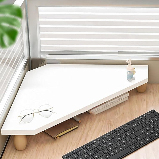 Corner Monitor Stand Cut Triangle Computer Stand for Desk, White Corner Monitor Riser with Storage, Office Desktop Wood Shelf Underneath for Keyboard Mouse, 36655