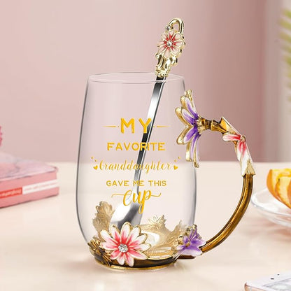 OEAGO Grandma Gifts from Granddaughter Tea Cup Birthday Grandparent Gifts Mothers Day Enamel Flower Glass Mugs from Grandkids Grandchildren
