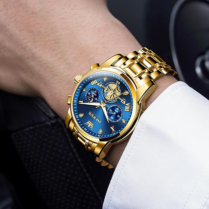 OLEVS Men Watches Stainless Steel Chronograph Watch, Large Wrist Analog Quartz Watch, Fashion Waterproof Diamond Roman Numerals Dress Watches for Men, Gold/Black/White/Blue/Grey Dial