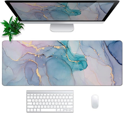 Teal Marble Mouse Pad Abstract Marble Mouse Pad 31.5x11.8 Inch Texture Non-Slip Rubber Base Large Mousepad Stitched Edges Keyboard Mouse Mat Desk Pad for Office and Home
