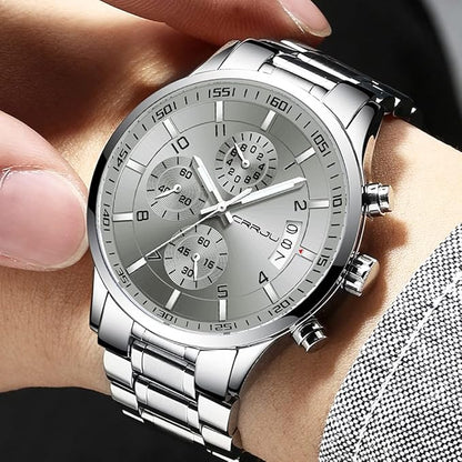 CRRJU Men's Fashion Stainless Steel Watches Date Waterproof Chronograph Wristwatches,Black Steel Band Waterproof Quartz Watch for Men