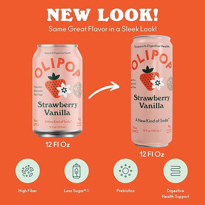 OLIPOP Prebiotic Soda Pop, Strawberry Vanilla, Pantry Pack Packed with Prebiotics, Fiber, and Botanicals, Gluten Free, Vegan, GMO Free, 12oz Skinny (12-Cans)