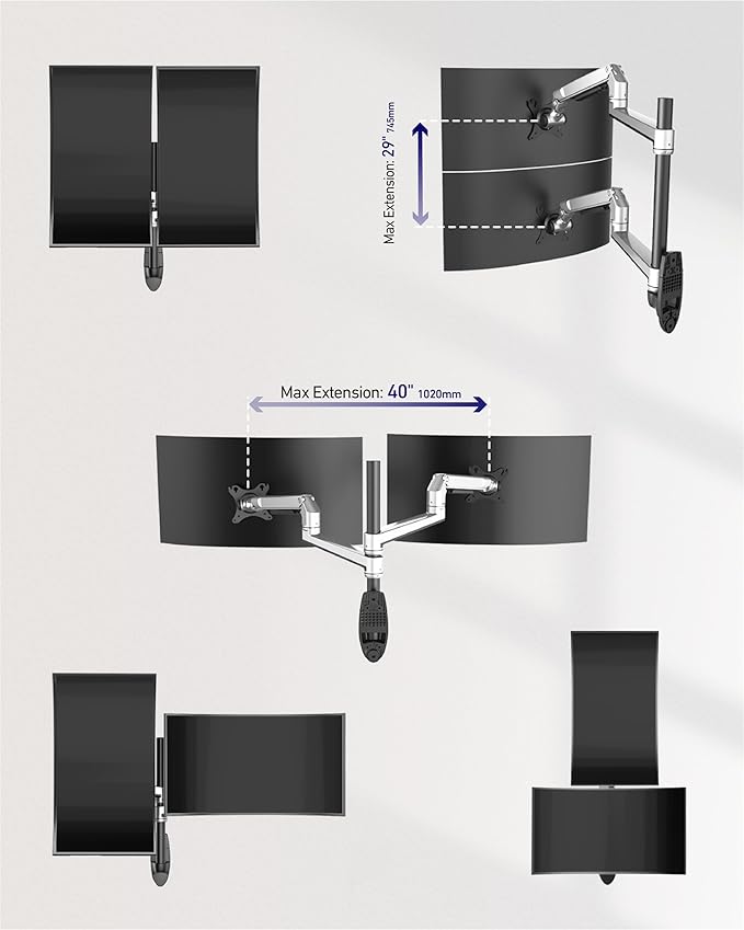 Dual Monitor Wall Mount for Flat or Curved Screens up to 38" Within 25 lbs, Adjustable Monitor Arm with Cable Management, VESA 75x75/100x100mm Monitor Mount for 2 Monitors, Silver