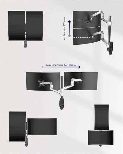 Dual Monitor Wall Mount for Flat or Curved Screens up to 38" Within 25 lbs, Adjustable Monitor Arm with Cable Management, VESA 75x75/100x100mm Monitor Mount for 2 Monitors, Silver