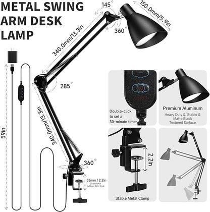 Metal LED Desk Lamp for Home Office, 32" Swing Arm Architect Desk Lamp with Clamp, 5 Color Modes 10 Brightness Task Lamps, Adjustable Gooseneck Clip-on Table Light for Reading Home Work Study, Black