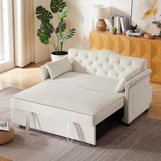 57'' Convertible Sleeper Sofa Bed with Adjustable Backrest, Chaise Lounge,2 Pillows & Side Storage Pockets – Stylish & Functional Furniture for Living Room or Small Spaces (White Sofa Bed)