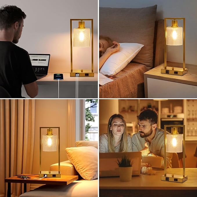 16" Set of 2 Gold Industrial Table Lamps with USB A+C Charging Ports and AC Outlet, Fully Stepless Dimmable Bedside Lamps with Seeded Glass Shade for Bedroom Living Room Office, LED Bulbs Included