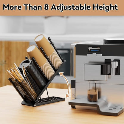OVICAR Cup and Lid Holder - Adjustable Coffee Cup Holder Organizer 4 Compartment Disposable Cup Dispenser with Coffee Pod Straw Storage Basket for Coffee Station Bar Countertop Breakroom Metal Black