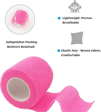 24 Pack Self Adhesive Bandage Wrap 2 Inch, Athletic Elastic Non Woven Cohesive Bandage for Sports, First Aid Medical, Wrist, Ankle Sprains, Swelling and Vet Wrap (Hot Pink)