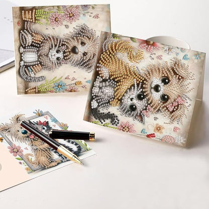 6pcs Diamond Art Painting Postcards with Envelope, Cute Cat Dog Pattern Daily DIY Handmade Greeting Cards Wishing Cards for Special Occasion Festival Craft Gift