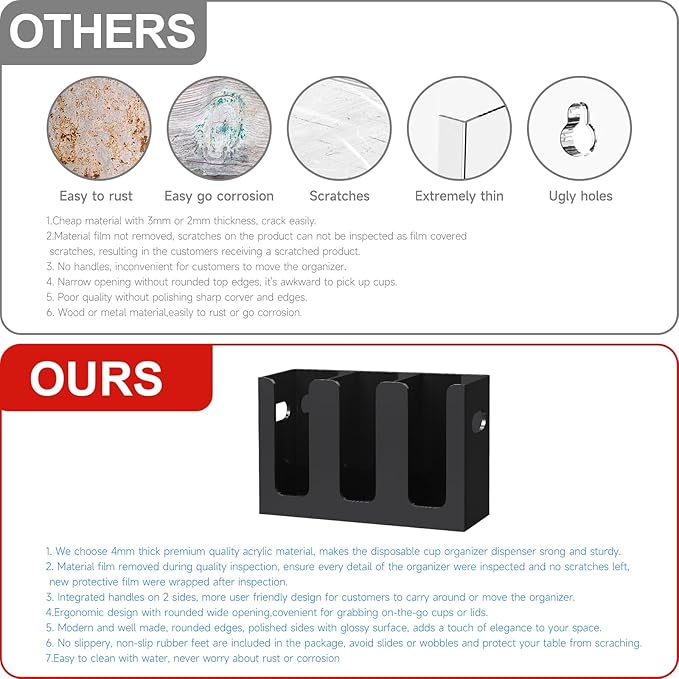 WINFFOR Disposable Cup Organizer Dispenser - 3 Compartments Black Acrylic Cup and Lid Holder with Handles Plastic Cup Dispenser Countertop Paper Cup Holder for Coffee Bar House Party Essentials