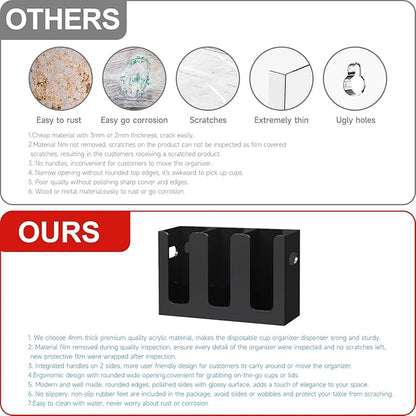 WINFFOR Disposable Cup Organizer Dispenser - 3 Compartments Black Acrylic Cup and Lid Holder with Handles Plastic Cup Dispenser Countertop Paper Cup Holder for Coffee Bar House Party Essentials