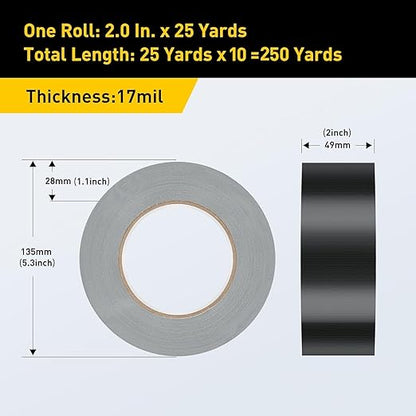Lichamp 10 Rolls Heavy Duty Thicker Black Duct Tapes, 17 mil No Residue Duct Tape for Packaging Taping Sealing Repairing Tying, Wide Tape for DIY or Commercial Use, 2 Inches x 25 Yards