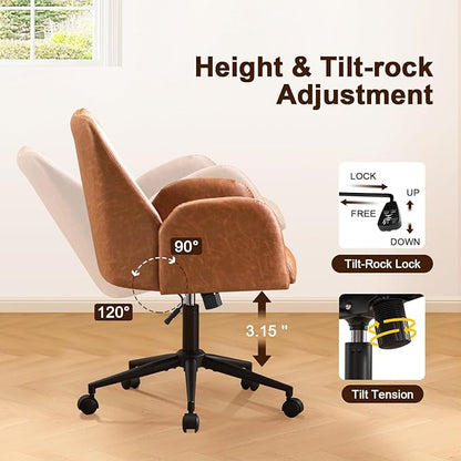 Furniliving Home Office Desk Chair, Ergonomic Leather Office Chair with Wheels, Comfortable Rolling Task Chair Adjustable Height, Brown