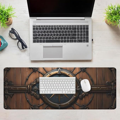 Nautical Compass Desk Pad Mouse Pad Vintage Wood Metal Large Gaming Mouse Mat with Stitched Edges,Non-Slip Waterproof Rubber Base Mous Mat 31.5"x11.8"