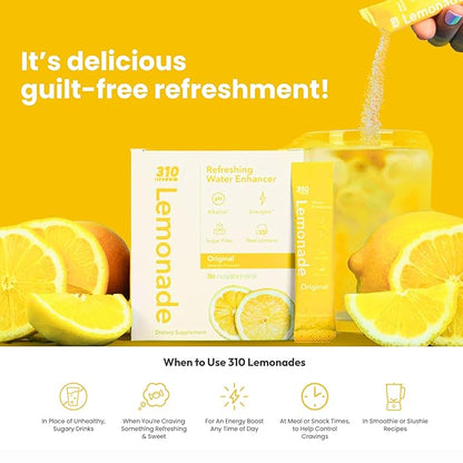 310 Nutrition Electrolyte Lemonade Powder No Sugar - Original Water Flavoring Packets - Hydration & Energy Drink Mix - Low Calorie Water Enhancer - 30 Singles - Made in The USA