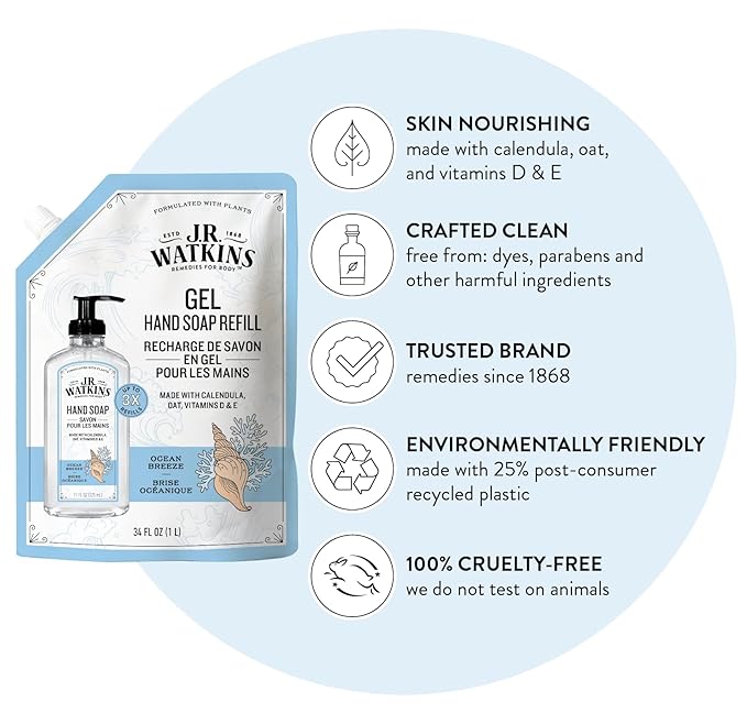 J.R. Watkins Gel Hand Soap Refill, Moisturizing Hand Wash, Alcohol-Free, Cruelty-Free, Ocean Breeze, 34 Fl Oz, 3 Pack
