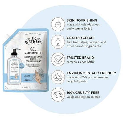 J.R. Watkins Gel Hand Soap Refill, Moisturizing Hand Wash, Alcohol-Free, Cruelty-Free, Ocean Breeze, 34 Fl Oz, 3 Pack