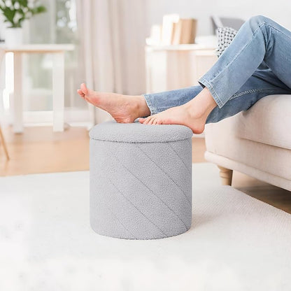 B FSOBEIIALEO Ottoman with Stroage, Boucle Round Storage Ottoman with Tray,Foot Rest Stool for Dorm Room, Living Room Grey, 12.99"x12.99"x13.78"