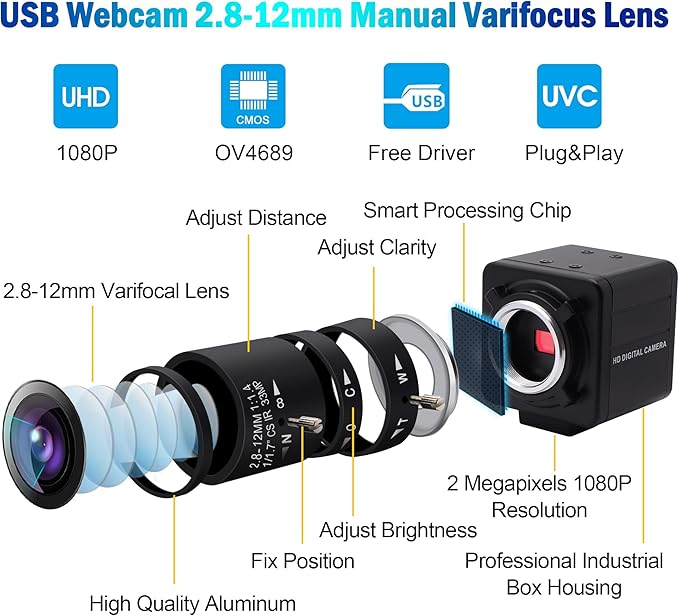 USB Camera 1080P High Speed 260fps 2.8-12mm 4X Optical Zoom Lens 2MP USB Webcam Manual Close up Zoom in and Out,UVC Computer Comference Golf Swing Camera for Raspberry Pi Windows Mac
