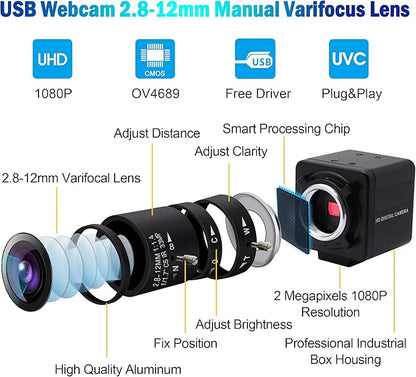 USB Camera 1080P High Speed 260fps 2.8-12mm 4X Optical Zoom Lens 2MP USB Webcam Manual Close up Zoom in and Out,UVC Computer Comference Golf Swing Camera for Raspberry Pi Windows Mac