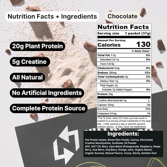 Nutrition On The Go Vegan Protein Powder Packets with Creatine – 20g Plant Proteins + 5g Creatine – Single-Serve Travel Protein Powder – All-Natural, Gluten-Free – Chocolate – (6-Pack)