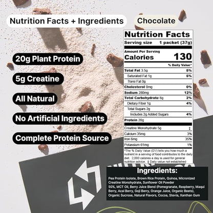 Nutrition On The Go Vegan Protein Powder Packets with Creatine – 20g Plant Proteins + 5g Creatine – Single-Serve Travel Protein Powder – All-Natural, Gluten-Free – Chocolate – (15-Pack)