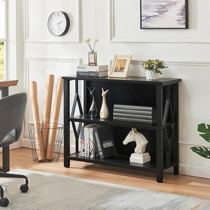 HOMISSUE Bookshelf, 3-Tier Rustic Short Bookshelf, Industrial Shelf Bookcase with Engineered Wood Shelves, Low Bookcase with Storage, Small Shelf for Living Room, Bedroom and Office, Black