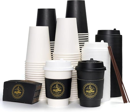 JOLLY CHEF 100 Pack 12 oz Disposable Coffee Cups Hot Beverage Paper Coffee Cups with Lids, Sleeves and Stirrers (Black and White)