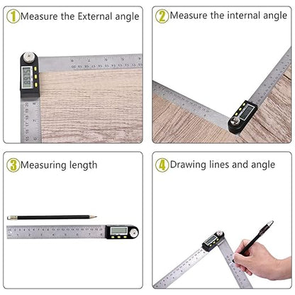 Delgada 8 inch/200mm Digital Angle Finder Ruler - Stainless Steel Protractor for Woodworking and Construction - Battery Included