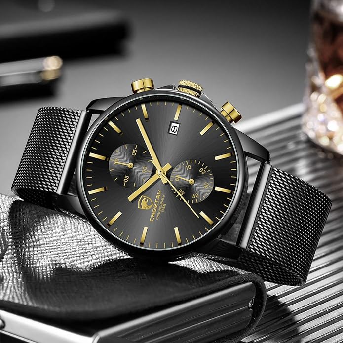 GOLDEN HOUR Mens Watch Fashion Sleek Minimalist Quartz Analog Mesh Stainless Steel Waterproof Chronograph Watches for Men with Auto Date