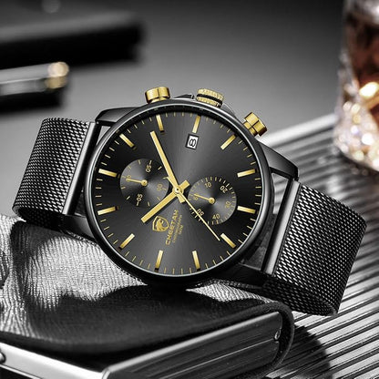 GOLDEN HOUR Mens Watch Fashion Sleek Minimalist Quartz Analog Mesh Stainless Steel Waterproof Chronograph Watches for Men with Auto Date