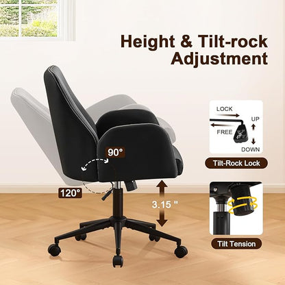 Furniliving Home Office Desk Chair, Ergonomic Leather Office Chair with Wheels, Comfortable Rolling Task Chair Adjustable Height, Black