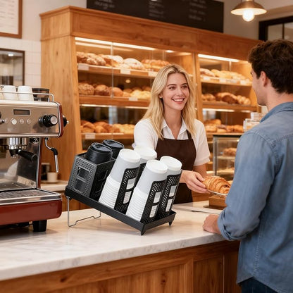 Cup and Lid Holder, Coffee Cup Holder with Straw Organizer, Adjustable Plastic Cup Dispenser, Upright Paper Cup Storage, for Countertop, Coffees Station, Office, Bar Restaurant, Breakroom