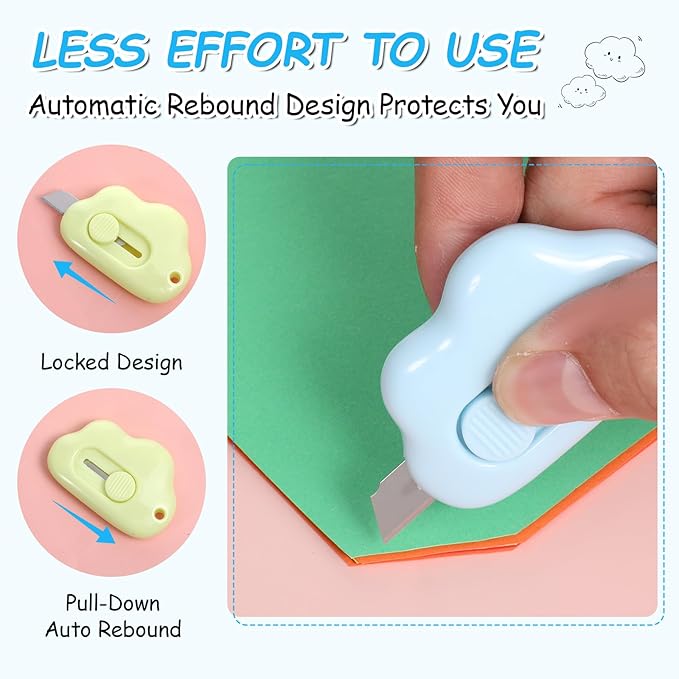 Cloud Shaped Retractable Box Cutter Set - 10 Pack Mini Utility Knife Letter Opener Envelope Slitter, Small Package Opener Paper Cutters with Keychain Hole