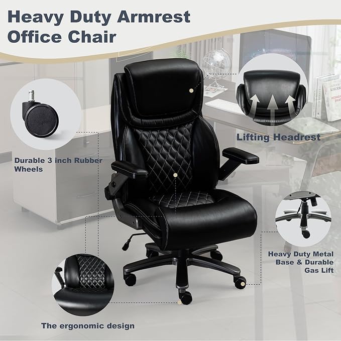 Office Chair, 500 lbs Ergonomic Big and Tall Computer Desk Chair, High-Back Executive with Adjustable Headrest, 3D Reversible Armrests, Silent Wheels for Home, Office, Gaming (Black)