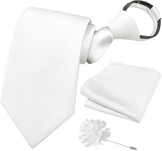 Branduce 3.15"（8cm） Pre-tied Adjustable Zipper Tie and Lapel Pin Solid Necktie Handkerchief Set for Men