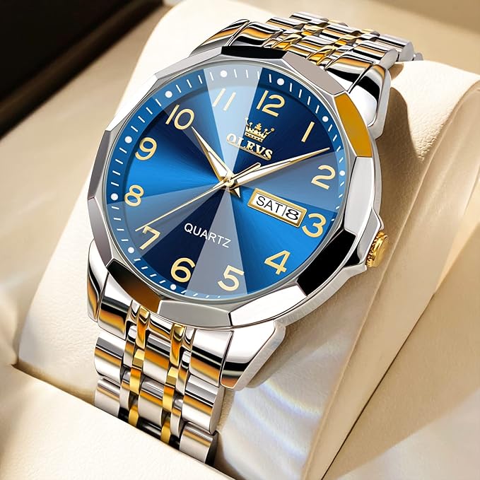 OLEVS Watch for Men Luxury Dress Analog Quartz Stainless Steel Waterproof Luminous Date Diamond Business Two Tone Casual Wrist Watch