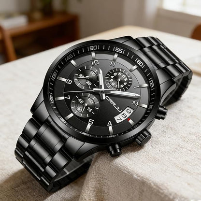 CRRJU Men's Fashion Stainless Steel Watches Date Waterproof Chronograph Wristwatches,Black Steel Band Waterproof Quartz Watch for Men