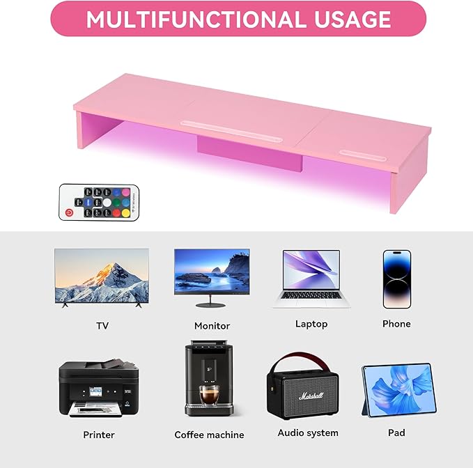 Dual Monitor Stand Riser with LED Lights and Phone Tablet Holder, 35.8in Large Monitor Stand for Desk, Computer Monitor Stand for 2 Monitors, Desktop Shelf Organizer for Laptop, Printer, TV