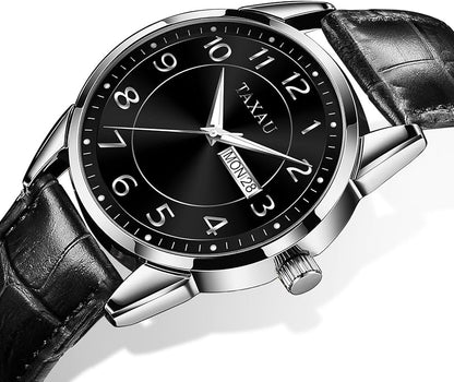 Men's Watch Big Face Easy Read Arabic Numeral Dress Watches for Men Classic Black Brown Leather Band Analog Mens Wrist Watch with Day and Date Fashion Business Waterproof Luminous Quartz Watch