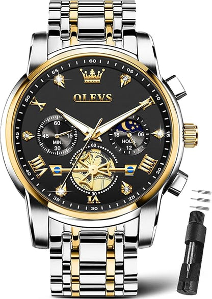 OLEVS Men Silver Watches,Men's Stainless Steel Chronograph Watch,Man Analog Quartz Big Face Male Watches Luxury Waterproof Roman Numeral Dress Diamond Relojes para Hombre