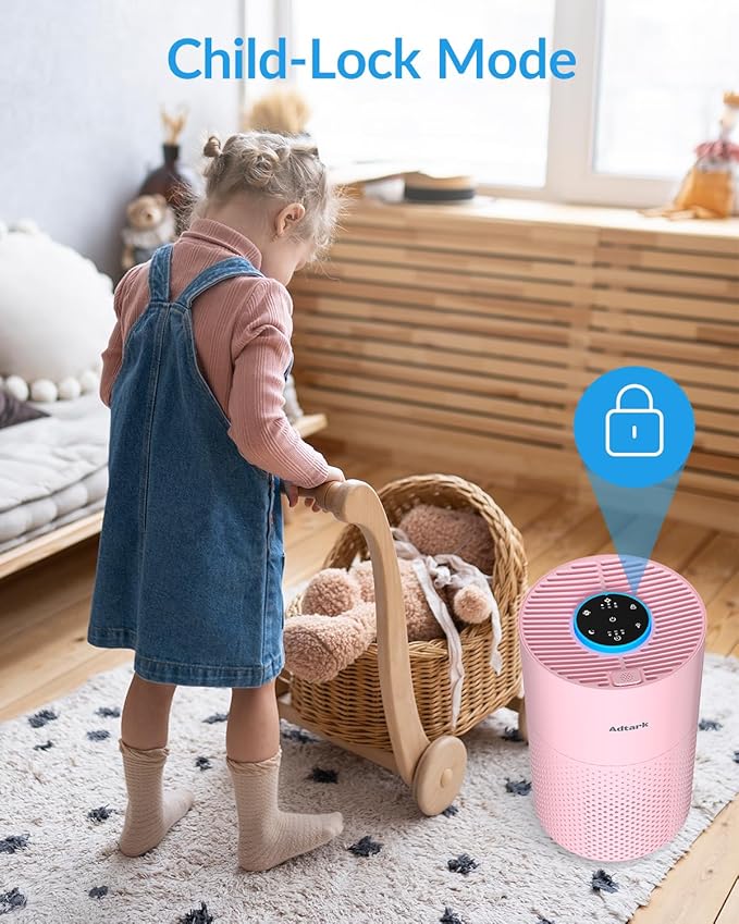 Air Purifiers for Home Bedroom, ADTARK Air Cleaner with H14 True HEPA 3-in-1 Filter, Sleep Mode & Aroma Function, 3 Light Modes, Room Air Purifier with 3 Timer for Office, Dorm, Hotel (Pink)