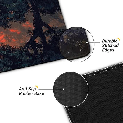 Japanese Forest Full Moon Gaming Mouse Pad with Non-Slip Rubber Base, Large Anime Mousepad with Stitched Edges, Long Keyboard Mat for Home and Office, 31.5 x 11.8 inches