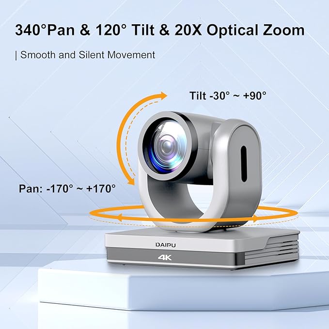 NDI PTZ Camera 4K, 20X Optical Zoom, HDMI USB3.0 SDI LAN PoE, NDI HX2 Certified, 1/2.8" 8.51-MP CMOS Sensor, AI Auto Tracking, 255 Presets, for Church Worship Live Streaming Conference Room