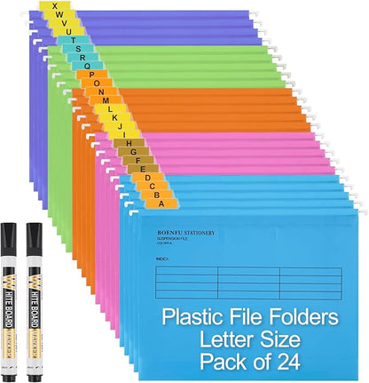 BOENFU 24 Pack Colored Hanging File Folders Letter Size Plastic File Folders with Adjustable Tabs, 2 Markers, Hanging Organizer File Folders for Efficient Filing