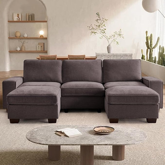 TEKAMON 100" Modular Sectional Sofa with Seats Storage, U Shaped Couch with Movable Ottomans, Chenille Fabric Couch for Living Room, USB Port,Removable Cover(DKGrey, 3 Seater & 2 Ottomans-U Shape)