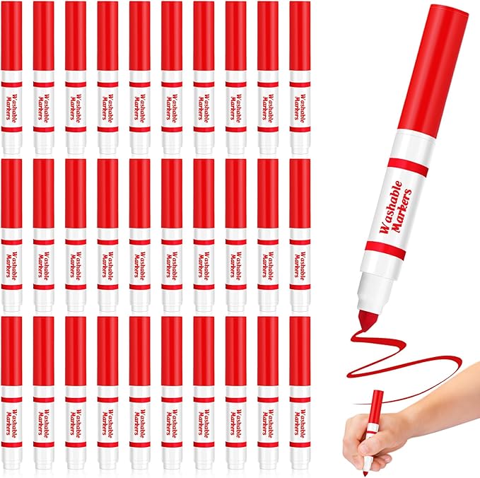 Janlaugh 30 Pcs Mini Washable Markers Bulk Broad Line Conical Tip Washable Mark Pen Set Short Coloring Paint Pen for Kid Art Projects Teacher Student Toddler Party Favors Classroom, Ages 6+(Red)