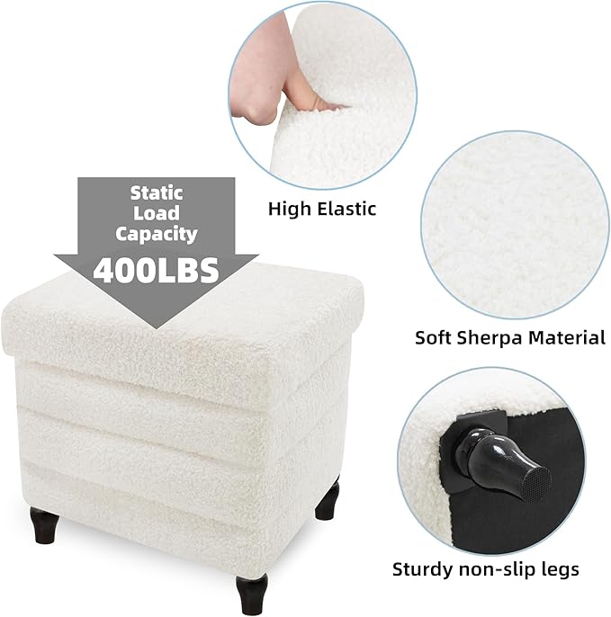 CAROLMADE Folding Storage Ottoman Cube Sherpa Footstool with Wood Legs Ottoman Footrest for Living Room and Bedroom, White 15"x12.6"x15.4"